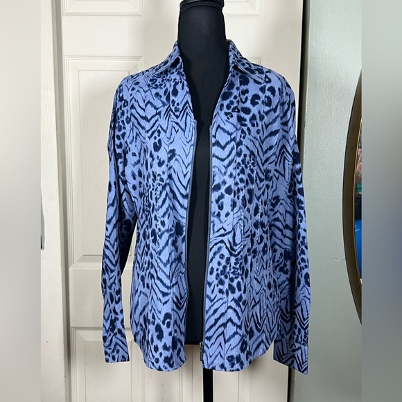 Lemon Grass Blue Pintuck Animal Print Lightweight Jacket - Picture 1 of 5